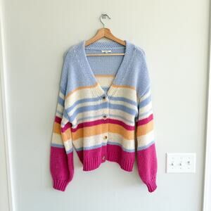 Z Supply Chasing Sunset V Neck Button Down Long Sleeve Sweater Pink M